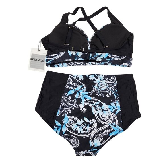 Hanna Nikole Womens XL Floral Print High-Waisted Bikini Set Black Blue - Picture 2 of 6